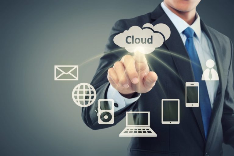 Person touching cloud infographic, with mail, internet, laptop, and mobile infographic