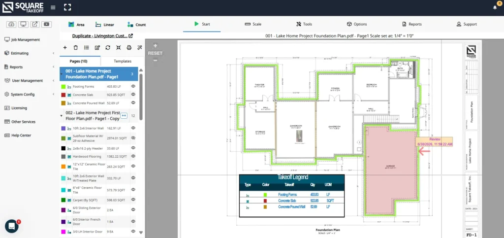 Square Takeoff workspace showing a foundation plan takeoff with footing forms, concrete slab, and poured wall measurements highlighted.