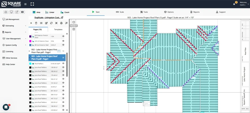Square Takeoff workspace displaying a roof framing takeoff with rafters and joists measured across a residential roof plan.
