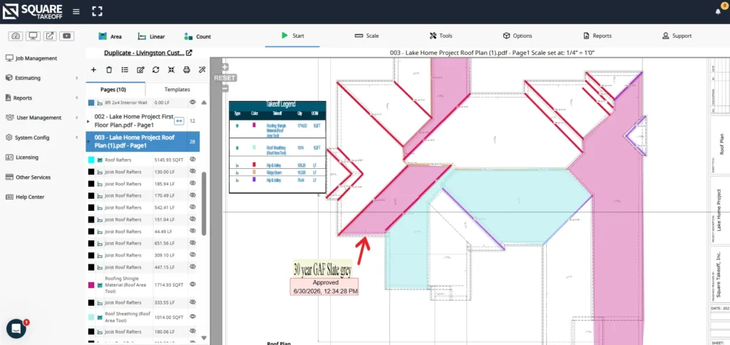 Square Takeoff workspace showing a roofing material takeoff with roof areas, hips, valleys, and ridge beams highlighted.
