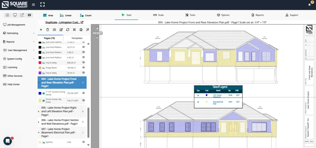 Square Takeoff workspace displaying front and rear elevation takeoff with siding and stone veneer areas measured.